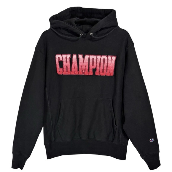 Champion Reverse Weave Hoodie Size M Black Red Retro Chenille Logo Heavyweight - Picture 1 of 12